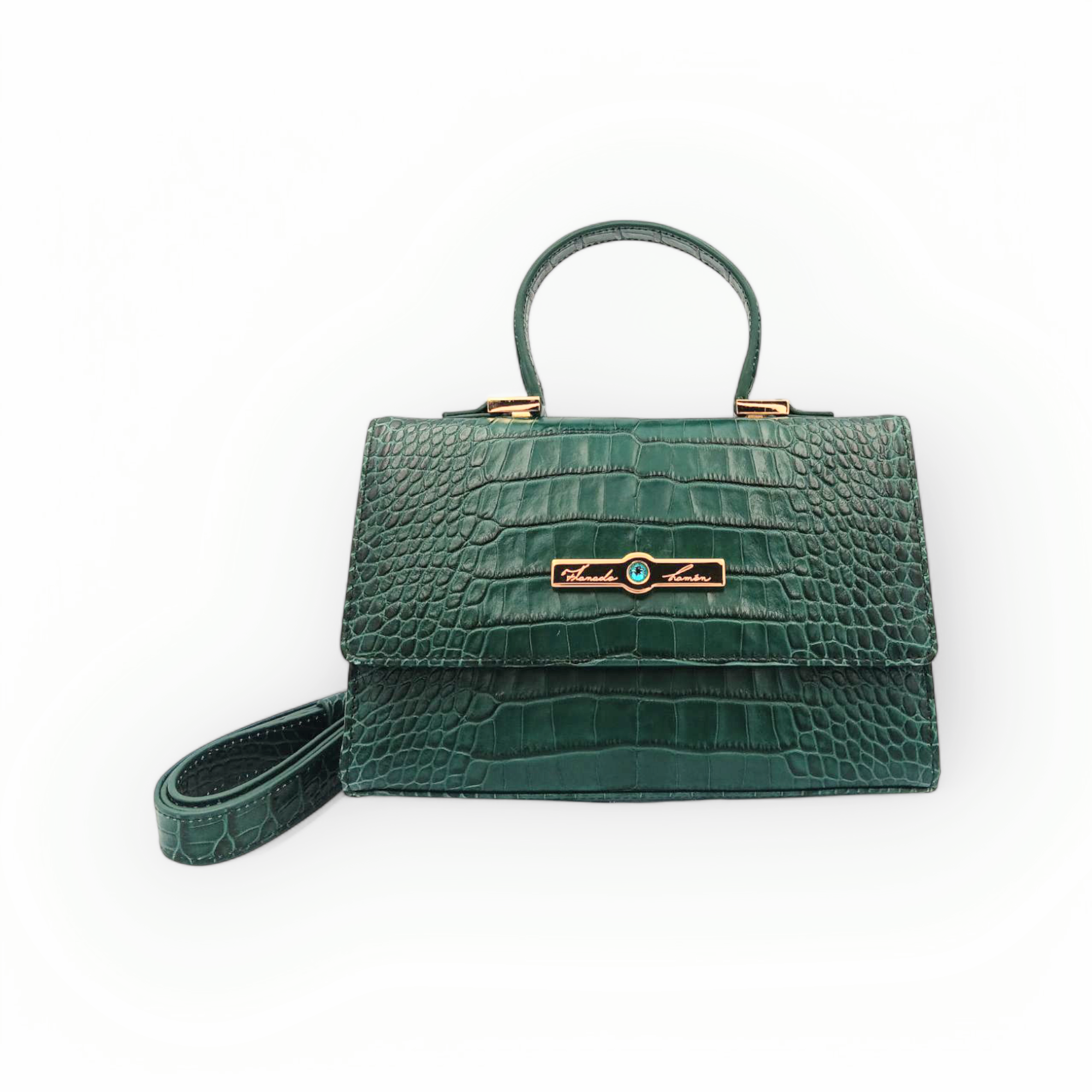 SheBug ~ Top Handle Bag w/Shoulder Strap in Emerald with blue gem