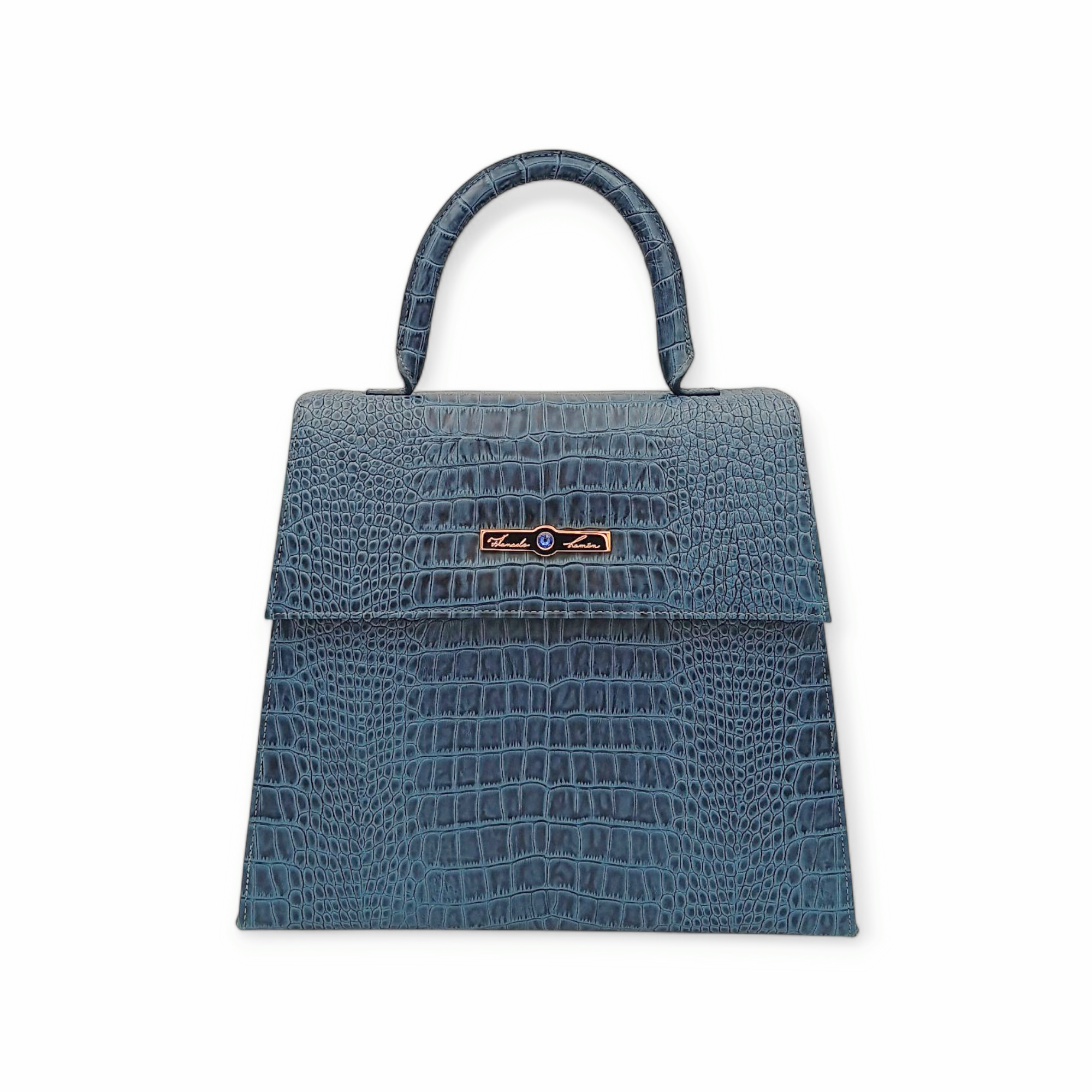 "Blue Iris Lizette" Structured Flap Handbag with blue gem
